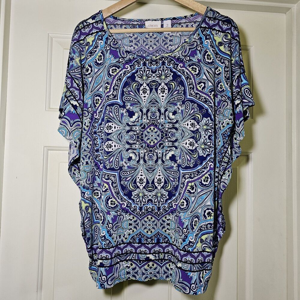 Chico's Women's Stretch Tunic Top Scarf Print Purple Blue Lime Geo 2 Large